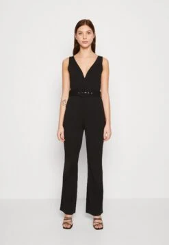 Even&Odd Going Out Low V Neck Flared Leg Belted - Jumpsuit - Black