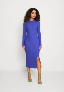 Even&Odd Circ Long Sleeves Midi High Slit Dress - Strikket Kjole - Blue